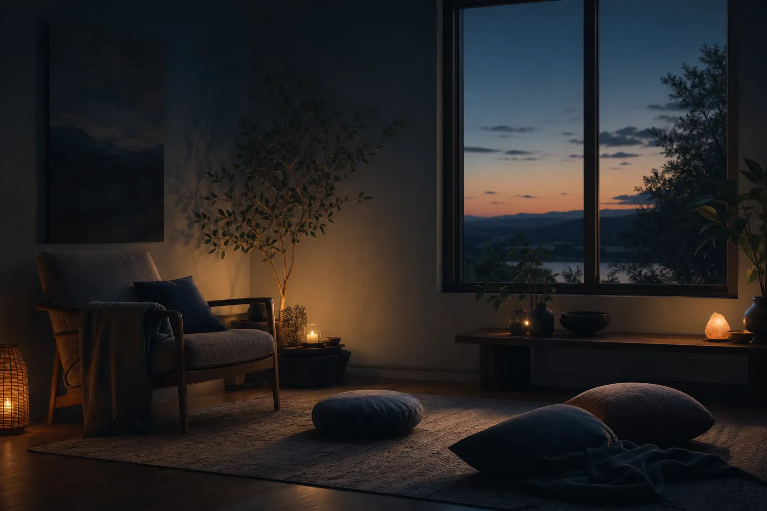 A still, dimly lit room at dusk — soft light falling across a quiet space where one person can breathe